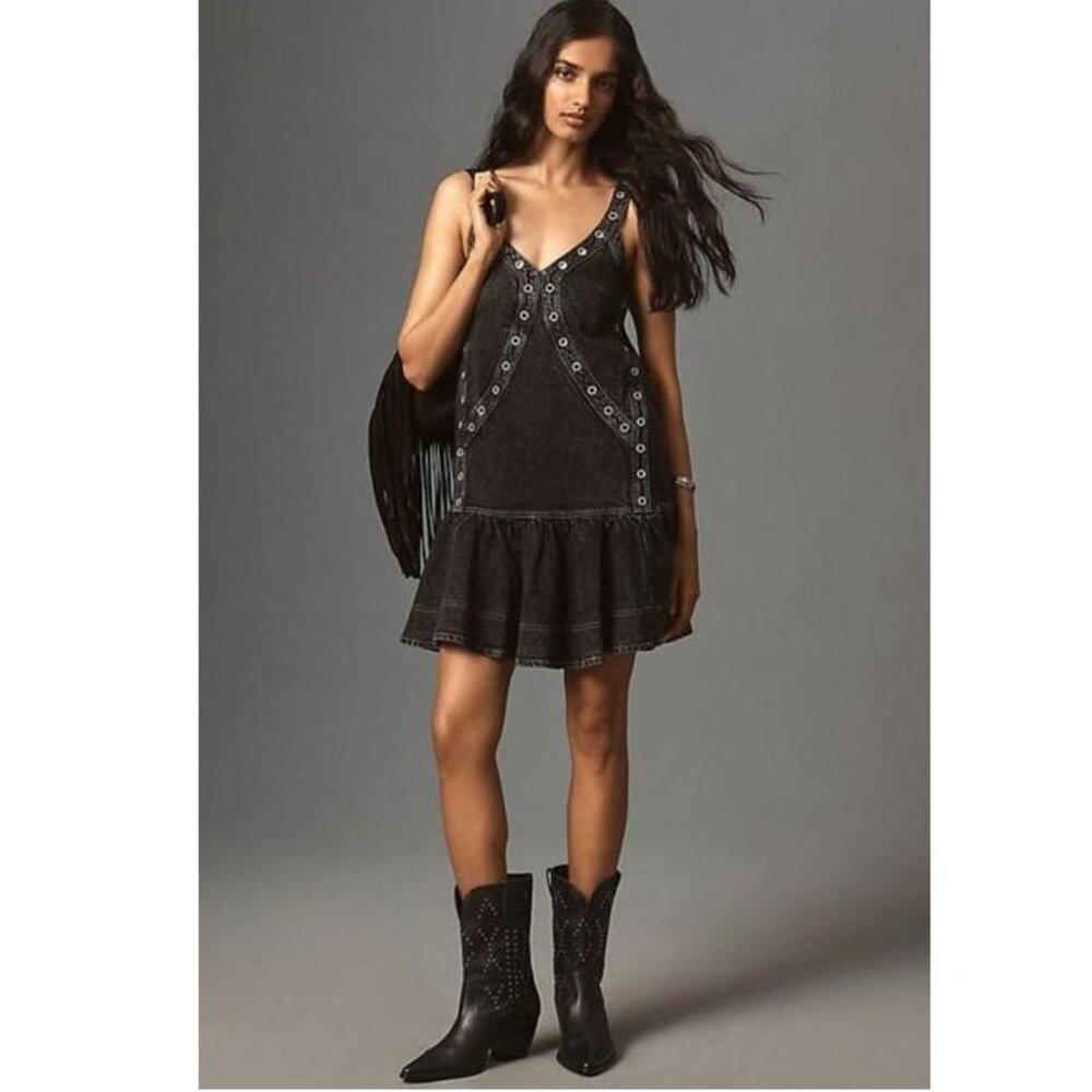 Anthropologie Pilcro Sleeveless Studded Denim Mini Dress in Grey - Size Small